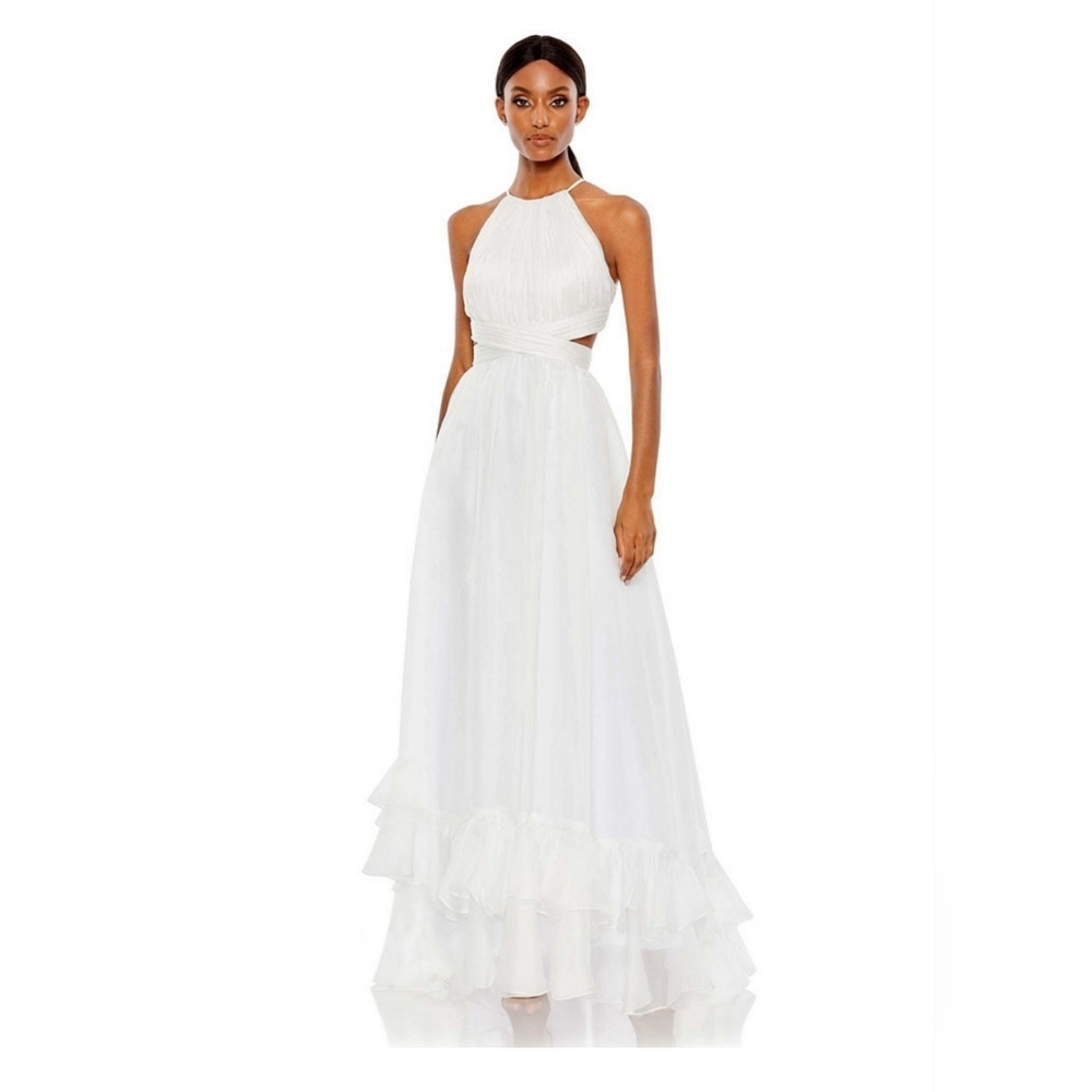 Mac Duggal Cris Cross Cut Out Halter Neck Maxi Dress